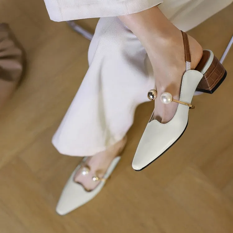 Ladies Pointy Toe Genuine Leather Block Low Heel Slingback Pumps