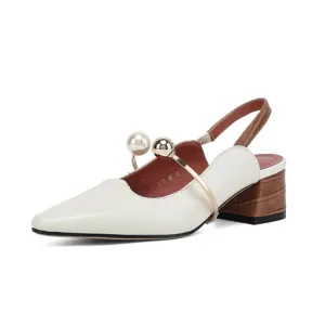 Ladies Pointy Toe Genuine Leather Block Low Heel Slingback Pumps