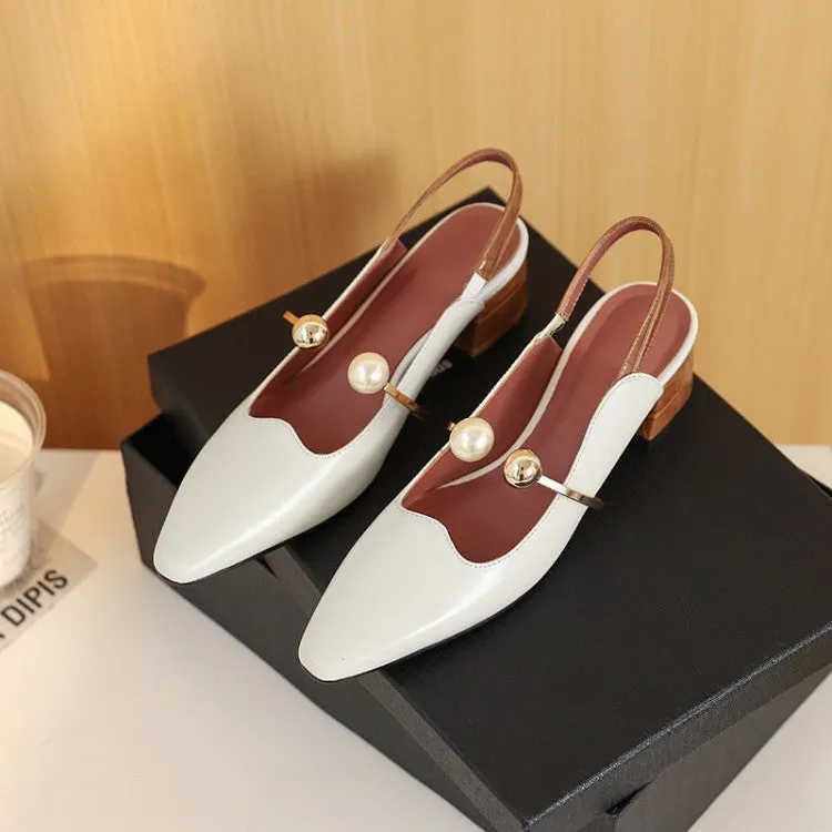 Ladies Pointy Toe Genuine Leather Block Low Heel Slingback Pumps