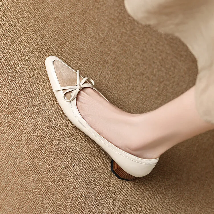 Ladies Pointy Toe Leather Bow Detail Block Low Heel Loafers Beige