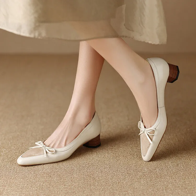 Ladies Pointy Toe Leather Bow Detail Block Low Heel Loafers Beige
