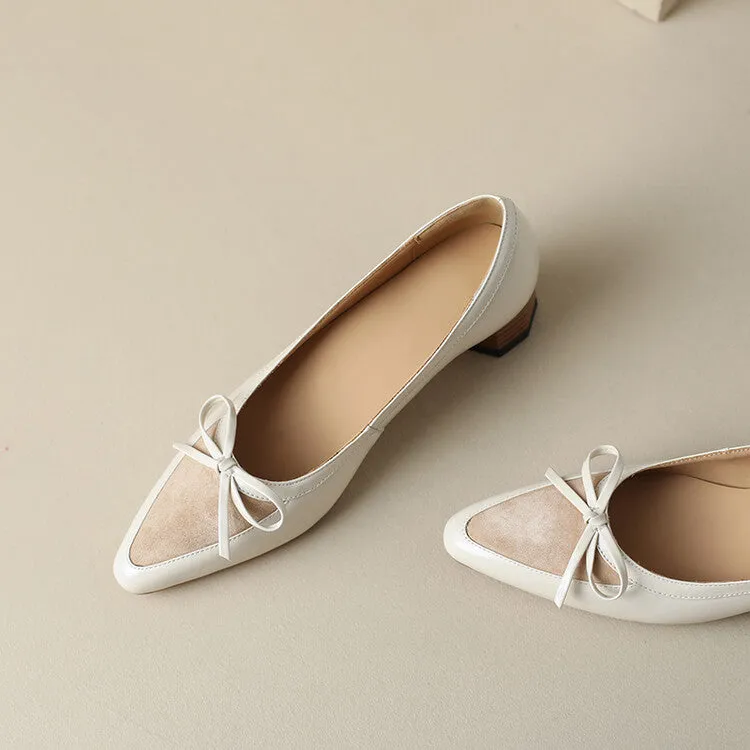 Ladies Pointy Toe Leather Bow Detail Block Low Heel Loafers Beige