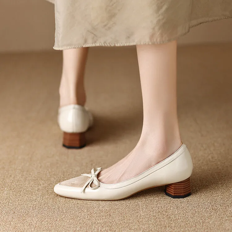 Ladies Pointy Toe Leather Bow Detail Block Low Heel Loafers Beige