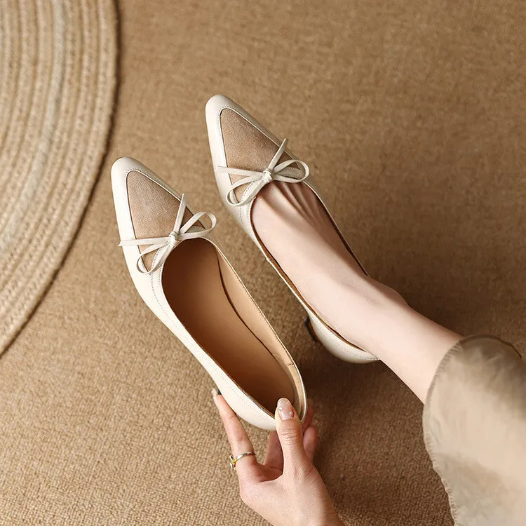 Ladies Pointy Toe Leather Bow Detail Block Low Heel Loafers Beige