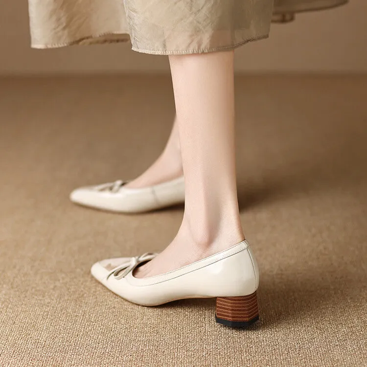 Ladies Pointy Toe Leather Bow Detail Block Low Heel Loafers Beige