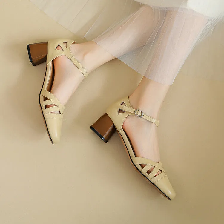 Ladies Round Toe Ankle Strap Block Heel Pumps