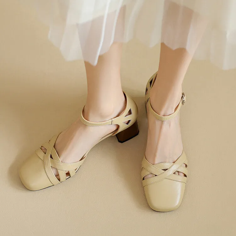 Ladies Round Toe Ankle Strap Block Heel Pumps