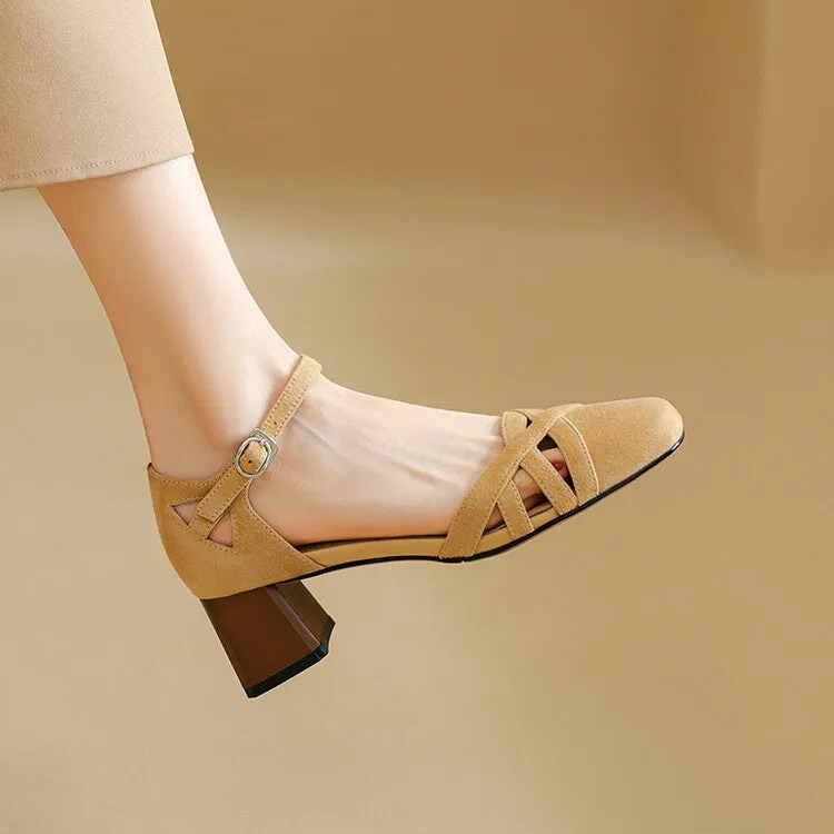 Ladies Round Toe Ankle Strap Block Heel Pumps