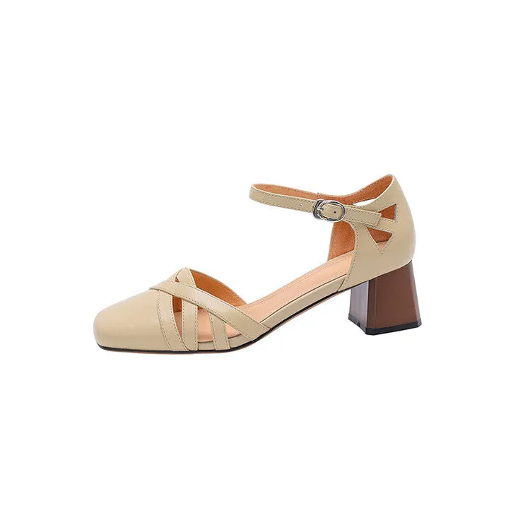Ladies Round Toe Ankle Strap Block Heel Pumps