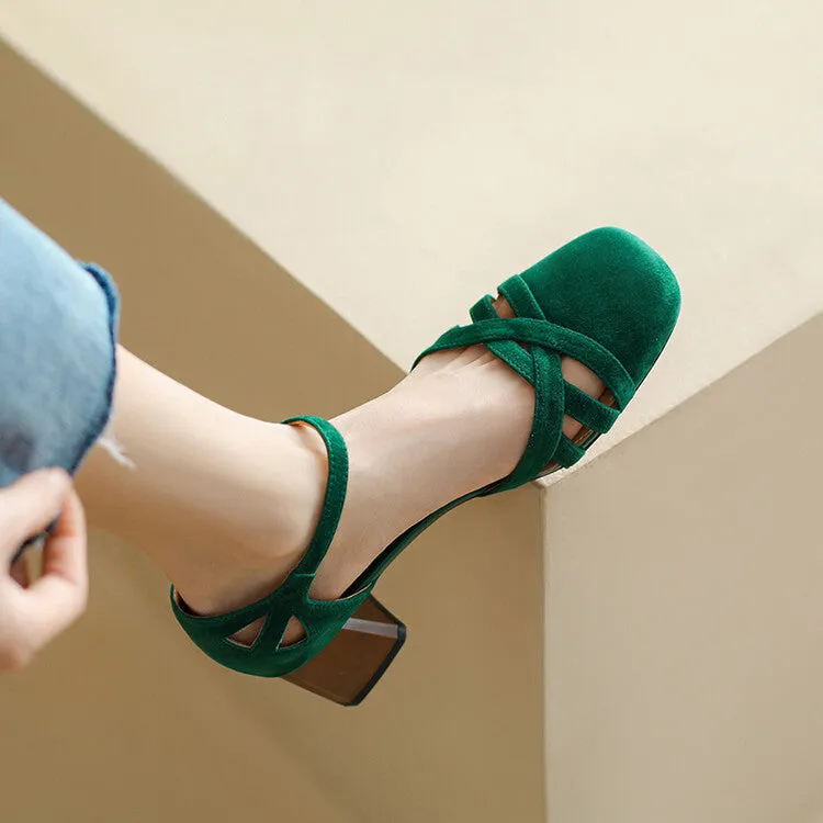 Ladies Round Toe Ankle Strap Block Heel Pumps