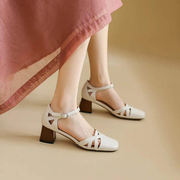 Ladies Round Toe Ankle Strap Block Heel Pumps