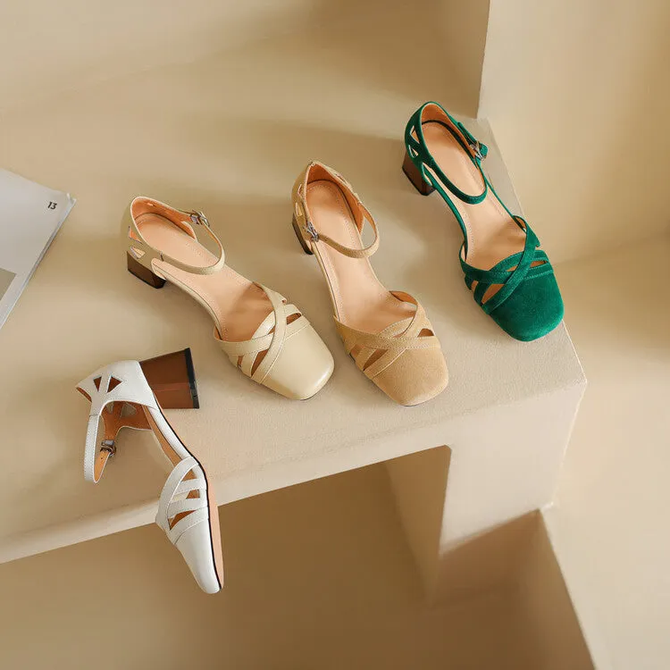 Ladies Round Toe Ankle Strap Block Heel Pumps