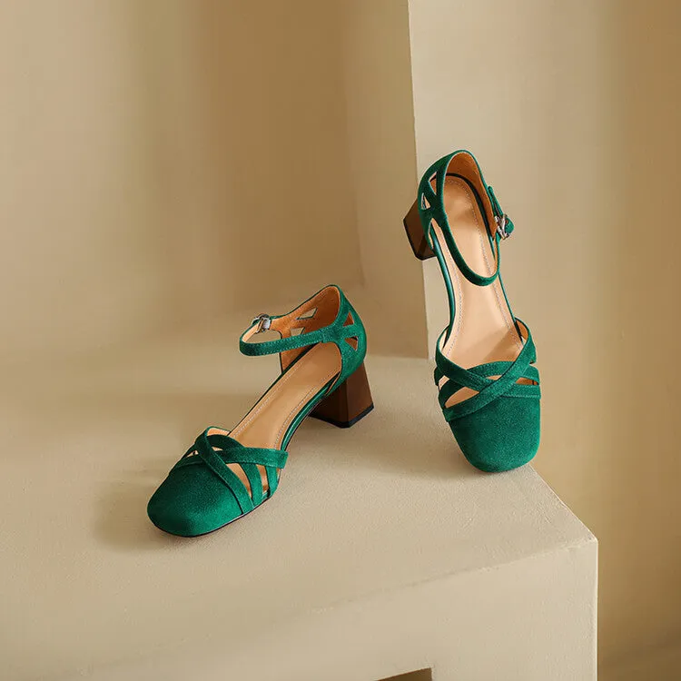 Ladies Round Toe Ankle Strap Block Heel Pumps