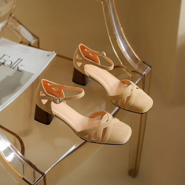 Ladies Round Toe Ankle Strap Block Heel Pumps