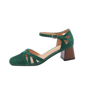 Ladies Round Toe Ankle Strap Block Heel Pumps