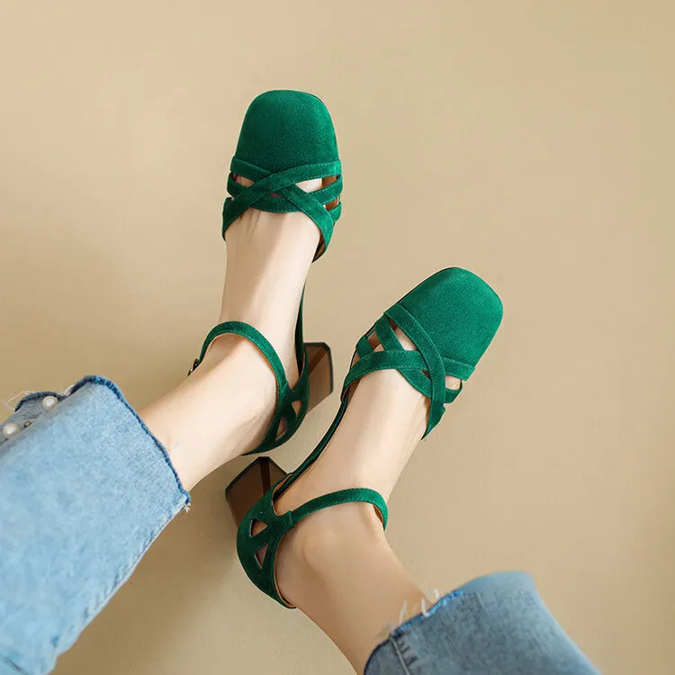 Ladies Round Toe Ankle Strap Block Heel Pumps