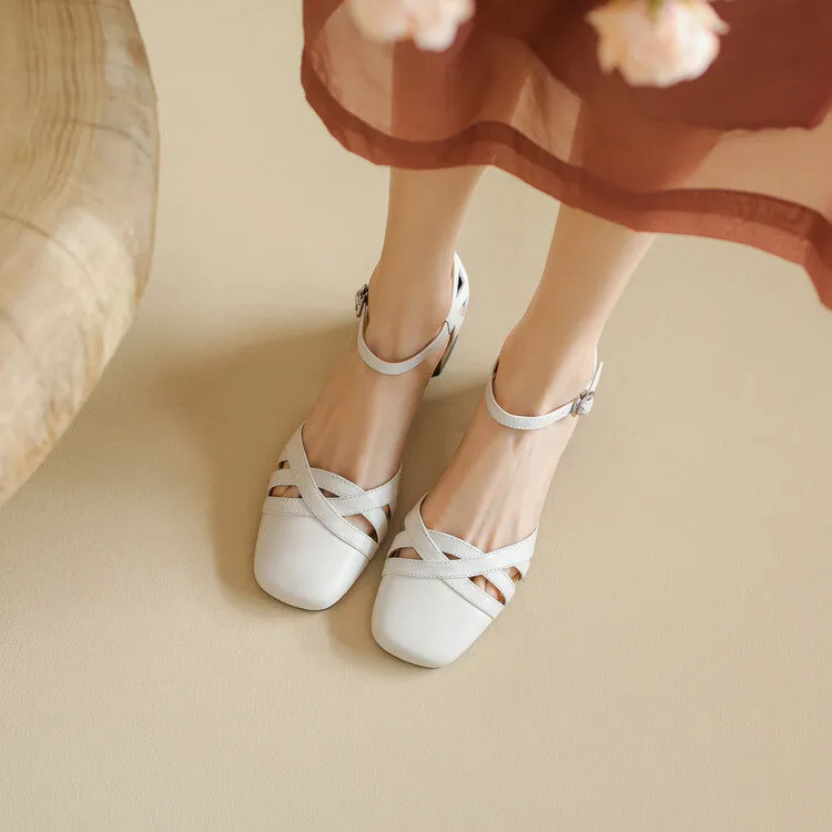 Ladies Round Toe Ankle Strap Block Heel Pumps