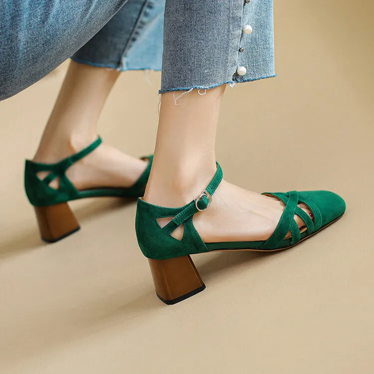 Ladies Round Toe Ankle Strap Block Heel Pumps