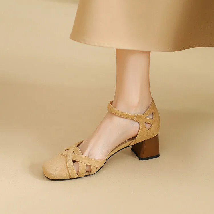 Ladies Round Toe Ankle Strap Block Heel Pumps