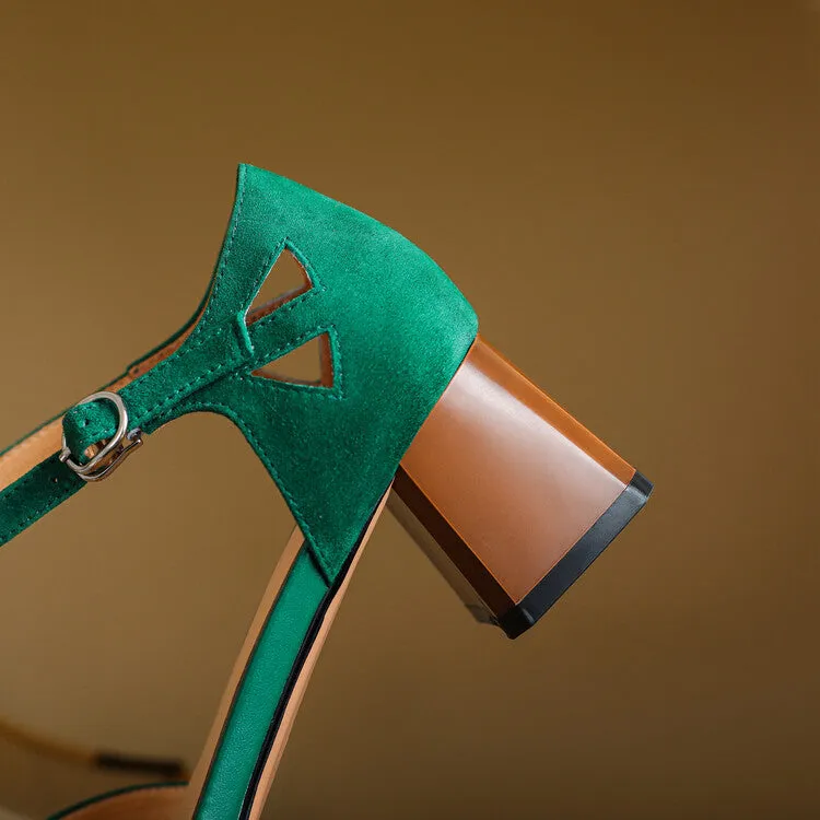 Ladies Round Toe Ankle Strap Block Heel Pumps