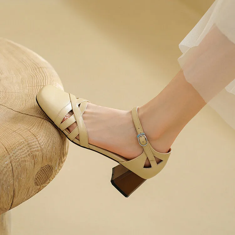 Ladies Round Toe Ankle Strap Block Heel Pumps