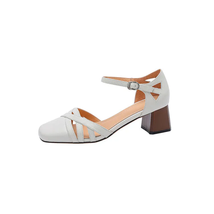 Ladies Round Toe Ankle Strap Block Heel Pumps