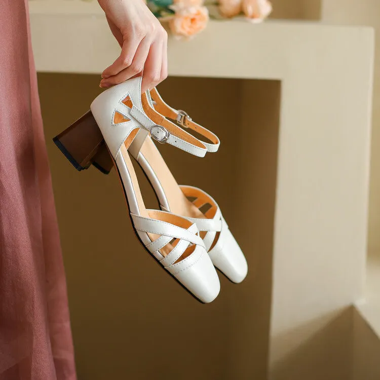 Ladies Round Toe Ankle Strap Block Heel Pumps
