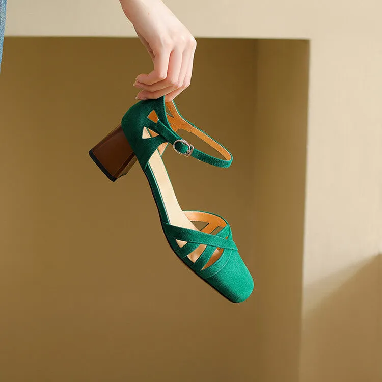 Ladies Round Toe Ankle Strap Block Heel Pumps