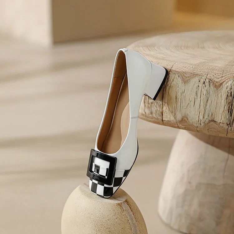 Ladies Round Toe Buckle Detail Block Low Heel Pumps