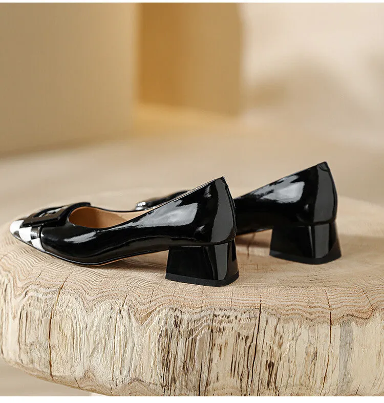 Ladies Round Toe Buckle Detail Block Low Heel Pumps