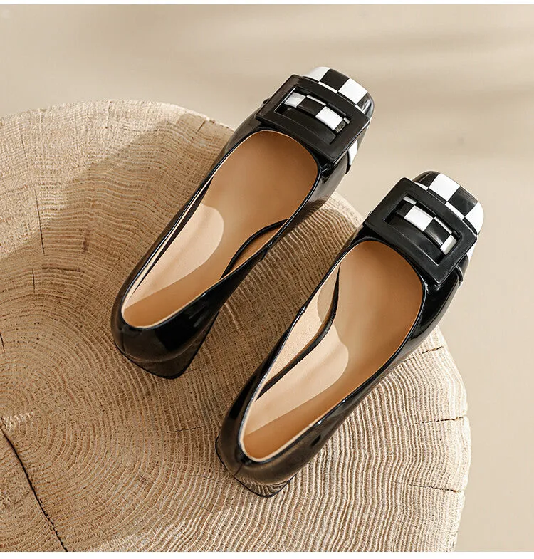 Ladies Round Toe Buckle Detail Block Low Heel Pumps