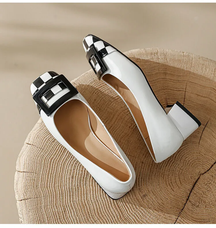 Ladies Round Toe Buckle Detail Block Low Heel Pumps