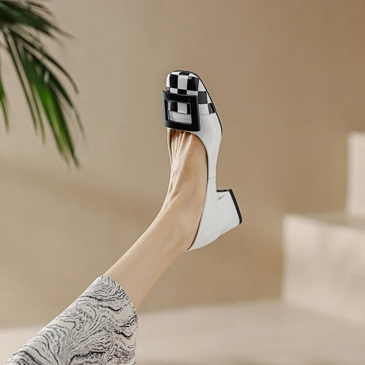 Ladies Round Toe Buckle Detail Block Low Heel Pumps