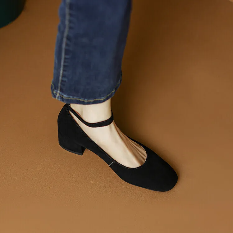 Ladies Round Toe Suede Ankle Strap Block Low Heel Pumps