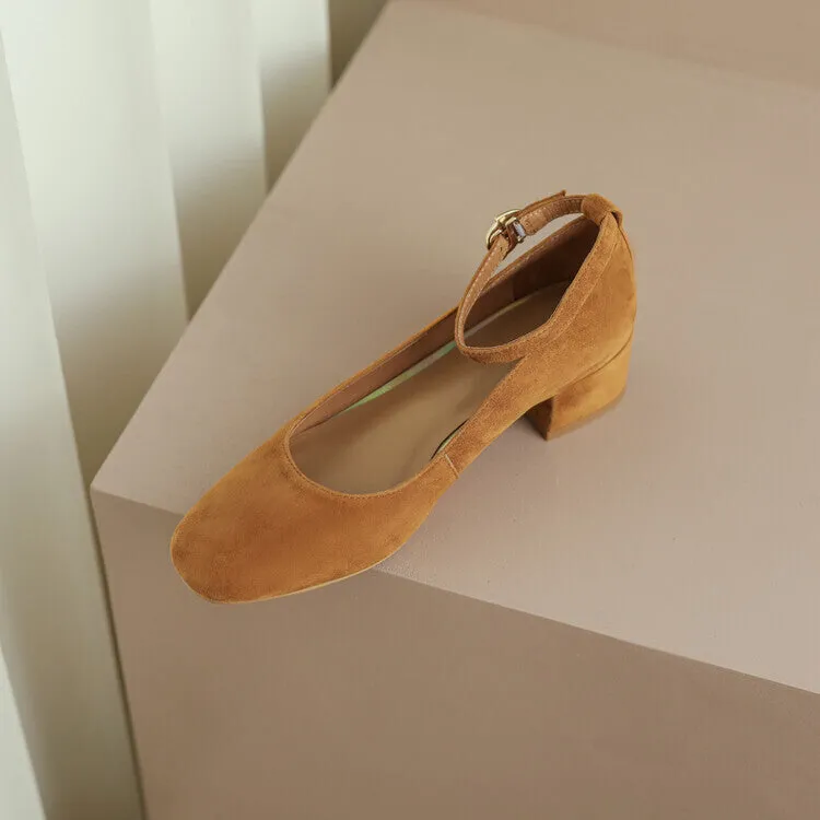 Ladies Round Toe Suede Ankle Strap Block Low Heel Pumps
