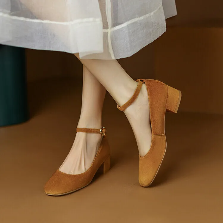 Ladies Round Toe Suede Ankle Strap Block Low Heel Pumps