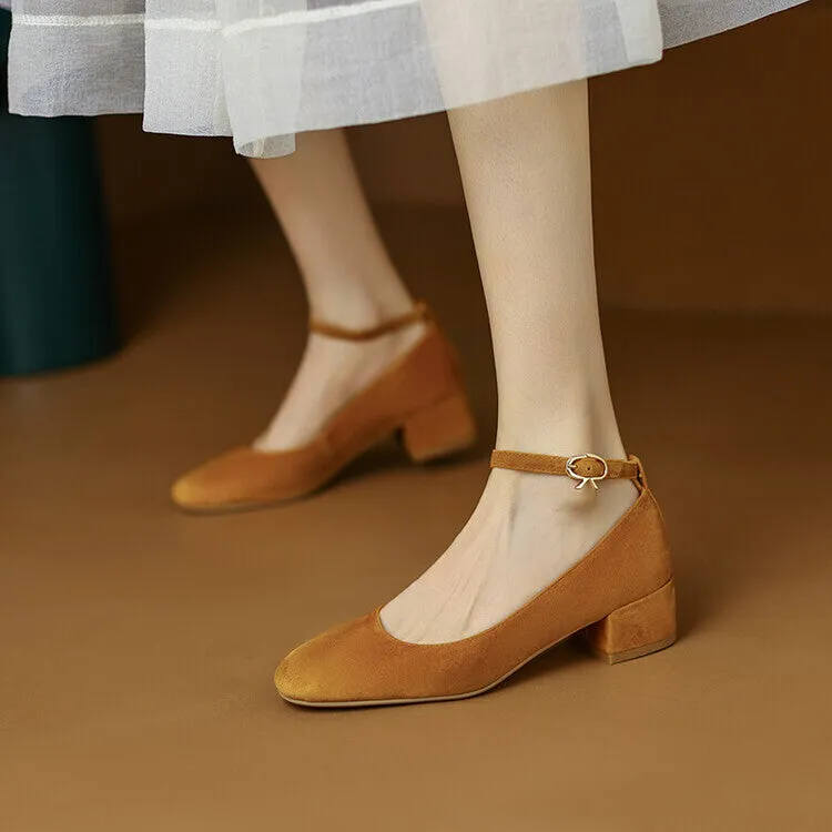Ladies Round Toe Suede Ankle Strap Block Low Heel Pumps