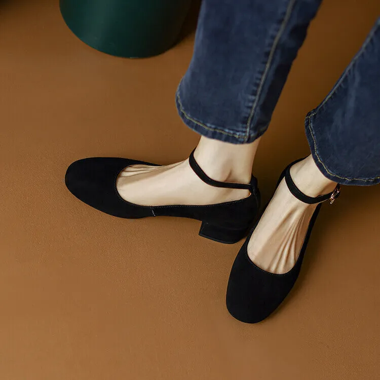 Ladies Round Toe Suede Ankle Strap Block Low Heel Pumps