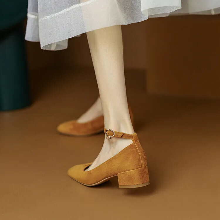 Ladies Round Toe Suede Ankle Strap Block Low Heel Pumps