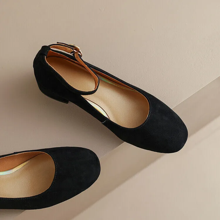 Ladies Round Toe Suede Ankle Strap Block Low Heel Pumps