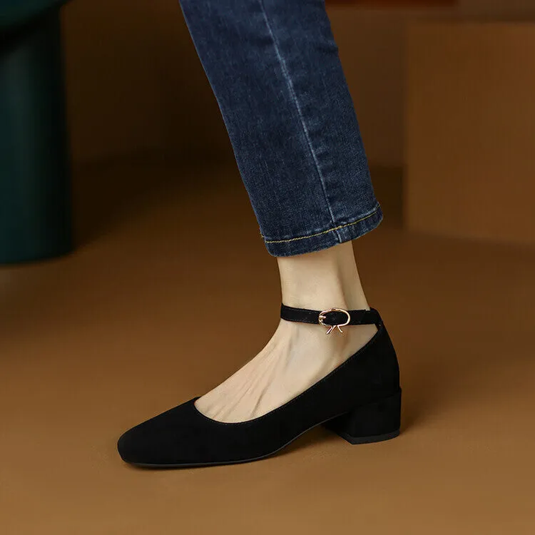 Ladies Round Toe Suede Ankle Strap Block Low Heel Pumps