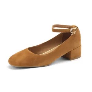 Ladies Round Toe Suede Ankle Strap Block Low Heel Pumps