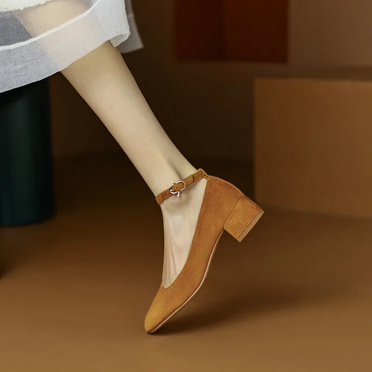 Ladies Round Toe Suede Ankle Strap Block Low Heel Pumps