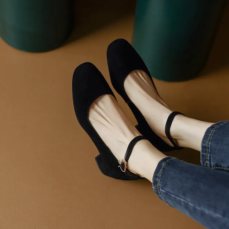 Ladies Round Toe Suede Ankle Strap Block Low Heel Pumps