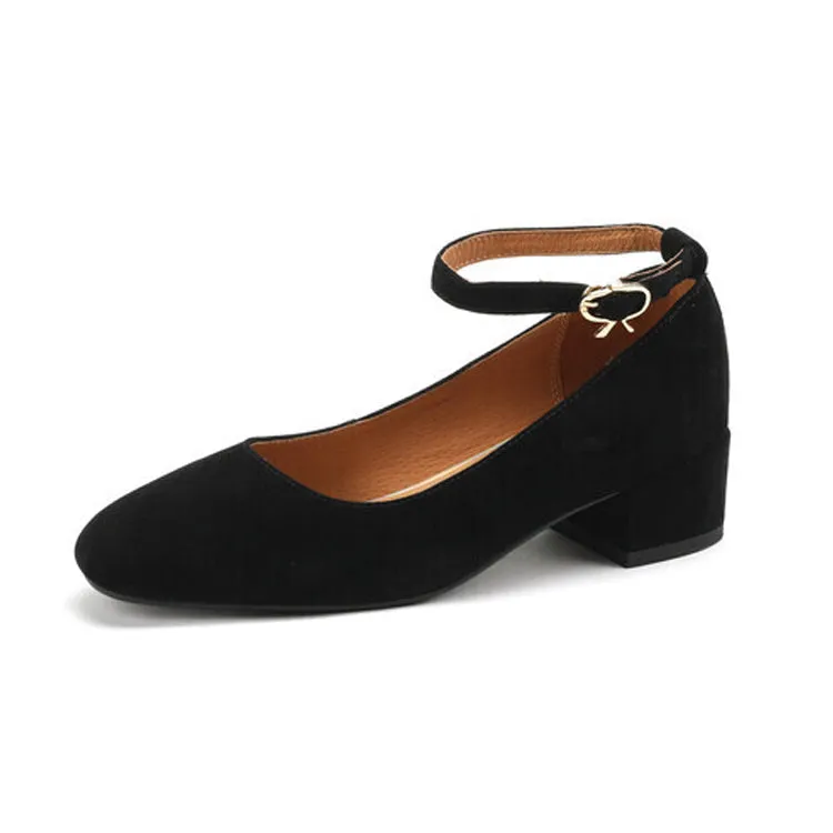 Ladies Round Toe Suede Ankle Strap Block Low Heel Pumps