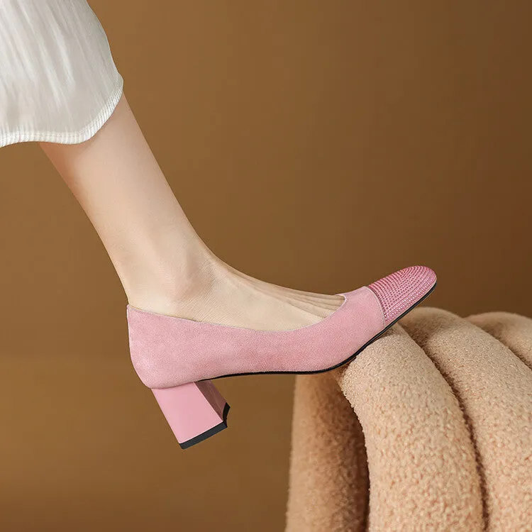 Ladies Round Toe Suede Block Heel Pumps