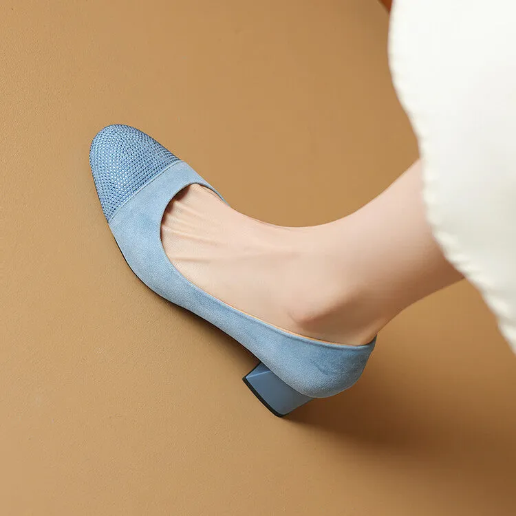 Ladies Round Toe Suede Block Heel Pumps