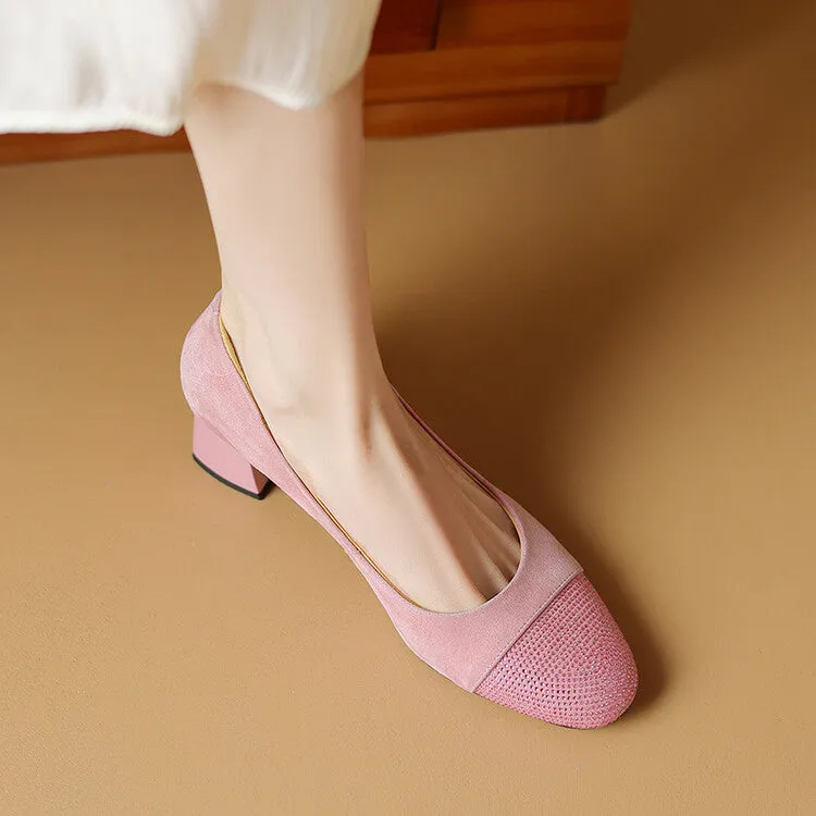 Ladies Round Toe Suede Block Heel Pumps