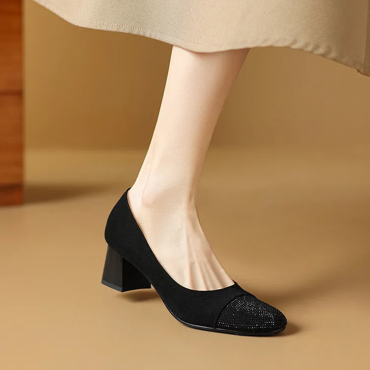 Ladies Round Toe Suede Block Heel Pumps