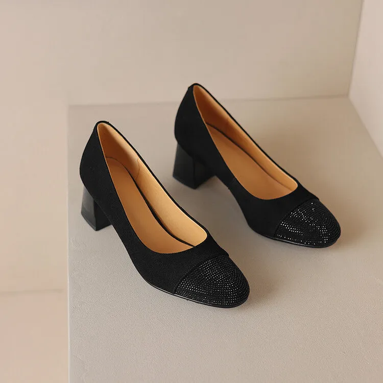 Ladies Round Toe Suede Block Heel Pumps
